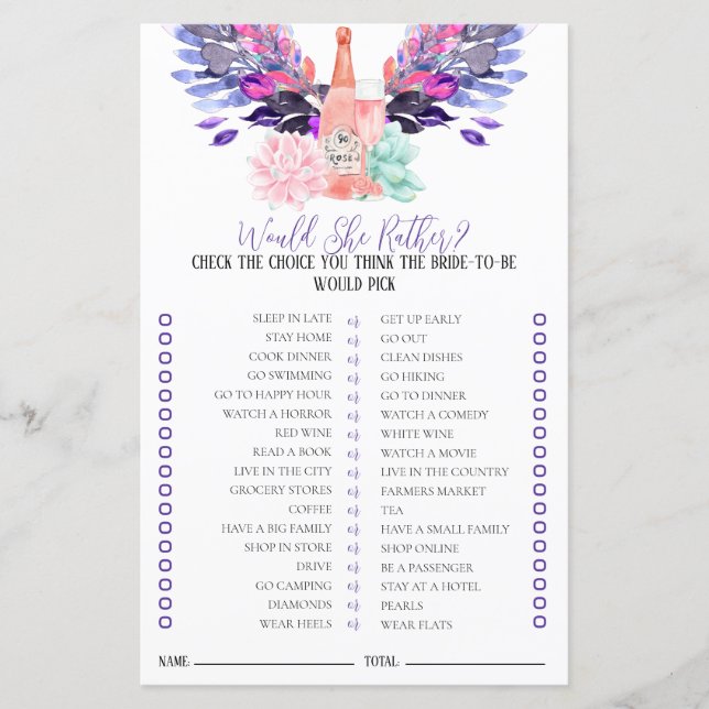 Petals & Prosecco Bridal Spiel würde sie lieber (Vorderseite)