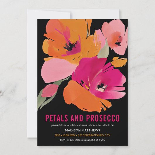 Petals & Prosecco Bright Abstrakte Blütenschwarze Einladung (Vorderseite)