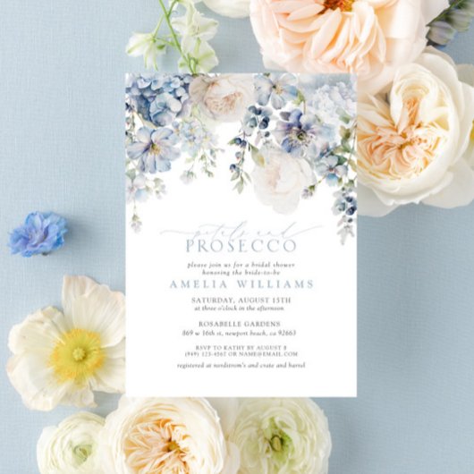 Petals & Prosecco Dusty Blue Floral Brautparty Einladung