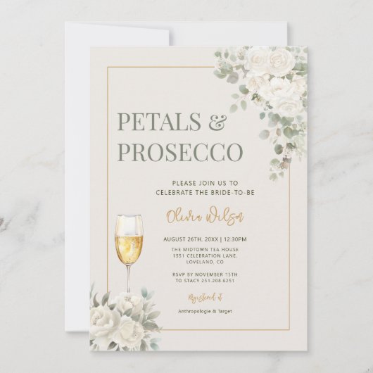 Petals & Prosecco Elfenbein Brautparty Einladung (Vorderseite)