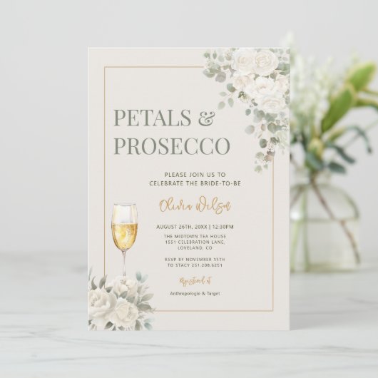 Petals & Prosecco Elfenbein Brautparty Einladung (Stehend Vorderseite)