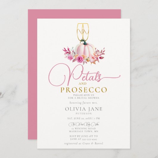 Petals Prosecco ernten Rose Fall Brautparty Einladung (Vorne/Hinten)