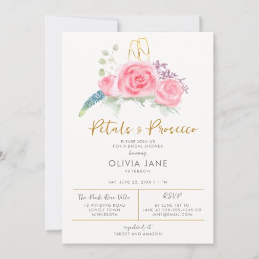 Petals Prosecco Floral Gold Bubbly Brautparty Einladung (Vorderseite)