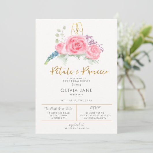 Petals Prosecco Floral Gold Bubbly Brautparty Einladung (Stehend Vorderseite)
