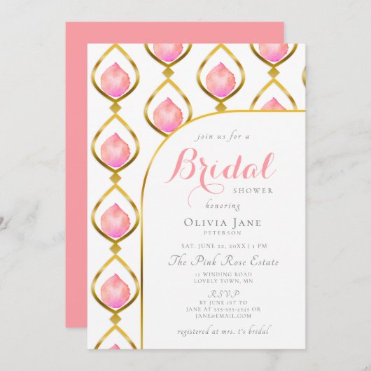 Petals Prosecco Gold Deko Pattern Brautparty Einladung (Vorne/Hinten)