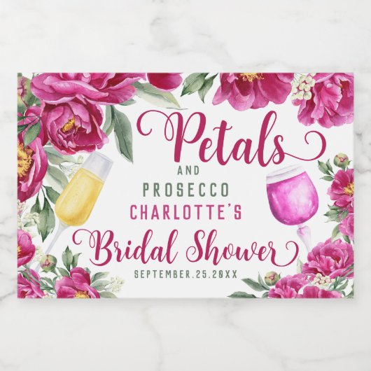 Petals & Prosecco Hot Pink Floral Bridal Shower Schaumweinetikett (Einzelnes Label)