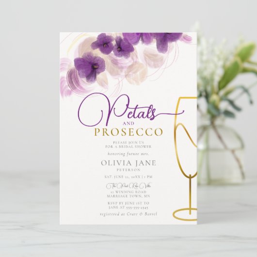Petals Prosecco Lila Orchids Boho Elegante Bridal Einladung (Stehend Vorderseite)