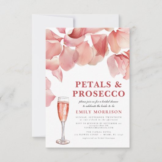 Petals & Prosecco Modernes rosafarbenes Brautparty Einladung (Vorderseite)