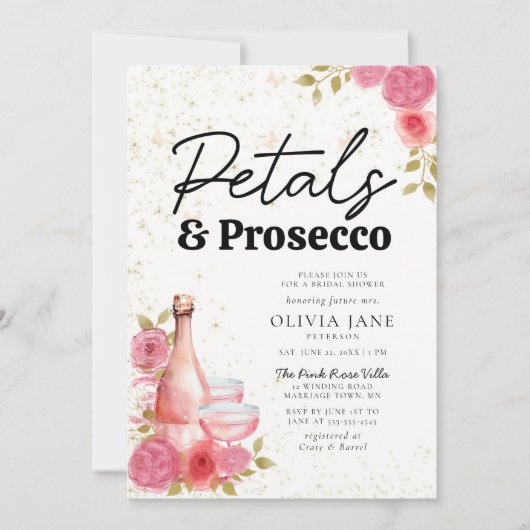 Petals Prosecco Pink Boho Brautparty Einladung (Vorderseite)