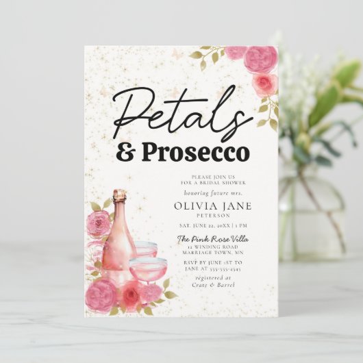 Petals Prosecco Pink Boho Brautparty Einladung (Stehend Vorderseite)