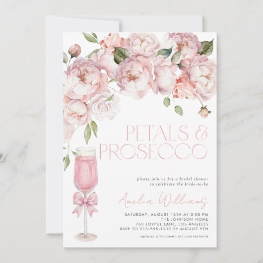 Petals & Prosecco Pink Bow Brautparty Einladung (Vorderseite)