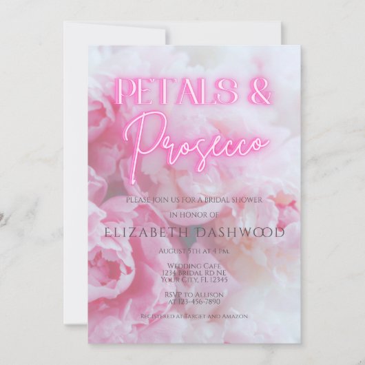 Petals & Prosecco Pink Neon Brautparty Einladung (Vorderseite)