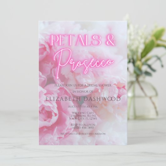 Petals & Prosecco Pink Neon Brautparty Einladung (Stehend Vorderseite)