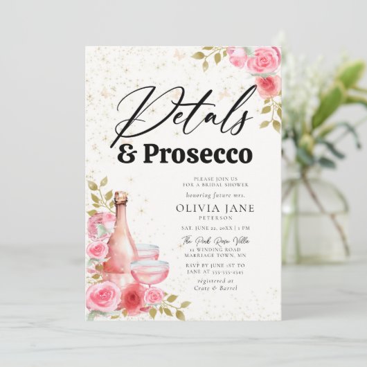 Petals Prosecco Pink Roses Gold Brautparty Einladung (Stehend Vorderseite)