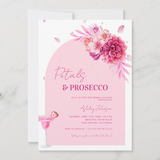 Petals & Prosecco Pink Script Brautparty Einladung (Vorderseite)