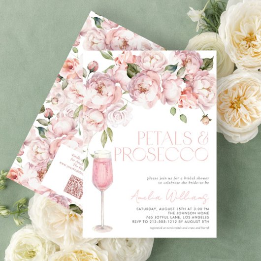 Petals & Prosecco QR Code Rosa Brautparty Einladung