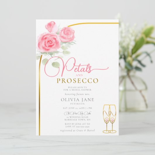 Petals Prosecco Rose Boho Arch Brautparty Einladung (Stehend Vorderseite)