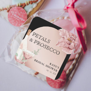 Petals & Prosecco Schwarz & Roségoldene Hochzeitsd Quadratischer Aufkleber