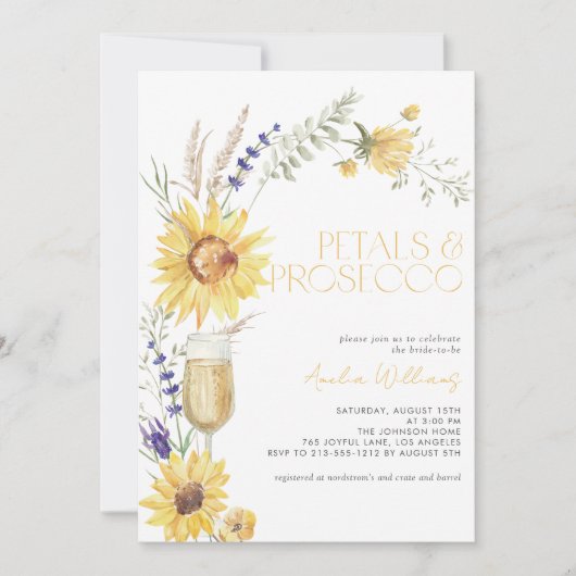 Petals & Prosecco Sonnenblumen Lavendel Brautparty Einladung (Vorderseite)