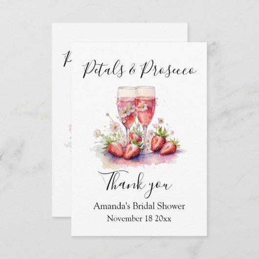 Petals & Prosecco Strawberry Brautparty Dankeskarte (Vorne/Hinten)