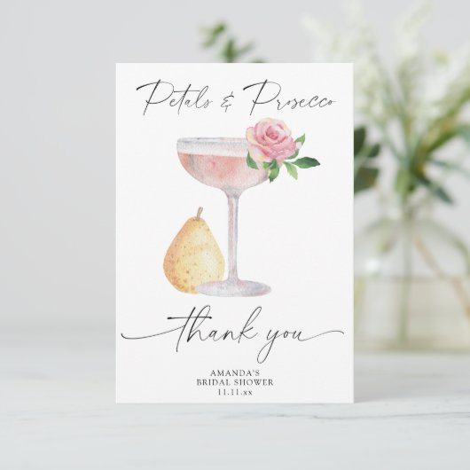 Petals & Prosecco - vielen Dank Brautparty Dankeskarte (Stehend Vorderseite)