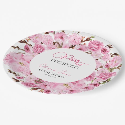 Petals & Prosecco Wasserfarben Pinkwhite Floral Ar Pappteller (Schrägansicht)