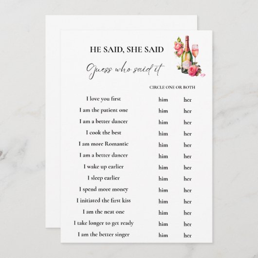 Petals sagte er, sie sagte Brautparty Game Card (Vorne/Hinten)