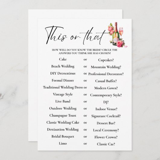 Petals This or that Brautparty Game Card (Vorne/Hinten)