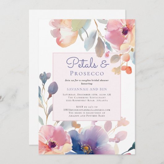 Petals und Prosecco Blumenpaare Brautparty Einladung (Vorne/Hinten)