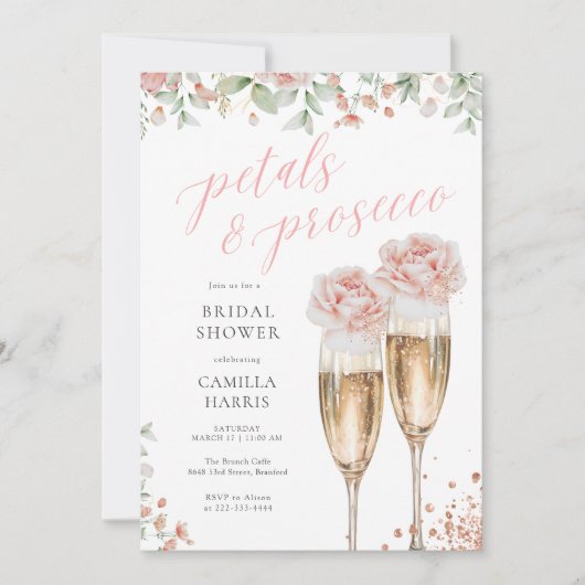 Petals und Prosecco Blush Brautparty Einladung (Vorderseite)