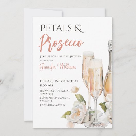 Petals und Prosecco Blush Pink Brautparty Einladung (Vorderseite)