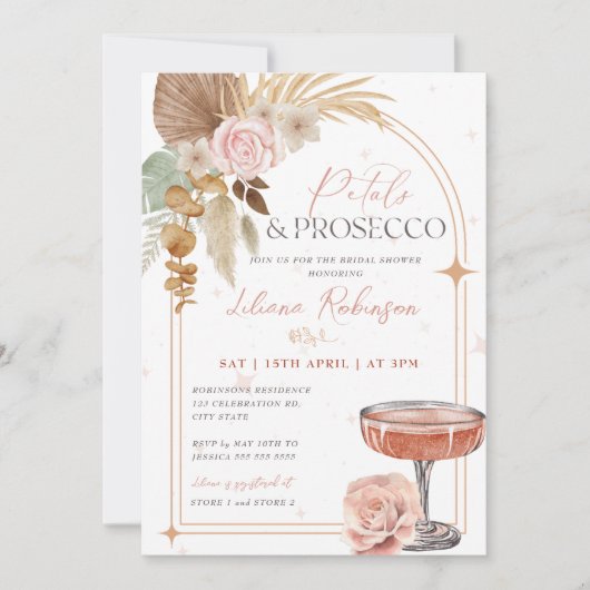 Petals und Prosecco Boho Bridal Dusche Einladung (Vorderseite)