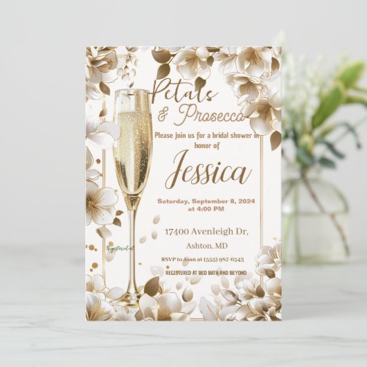 Petals und Prosecco Braudusche Einladung (Stehend Vorderseite)