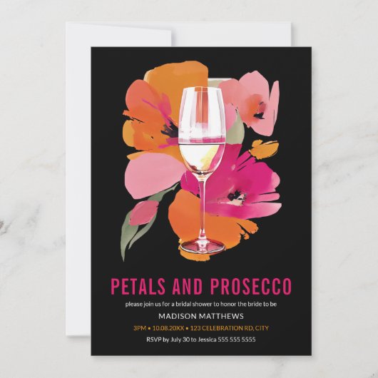 Petals und Prosecco Brautparty Black Einladung (Vorderseite)