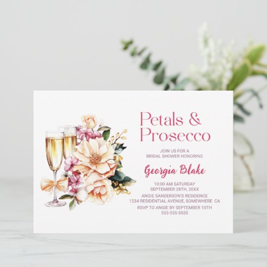 Petals und Prosecco-Brautparty Einladung (Stehend Vorderseite)
