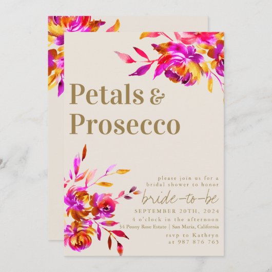 Petals und Prosecco-Brautparty Einladung (Vorne/Hinten)