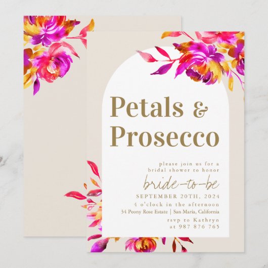 Petals und Prosecco-Brautparty Einladung (Vorne/Hinten)