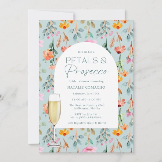 Petals und Prosecco-Brautparty-Party Einladung (Vorderseite)