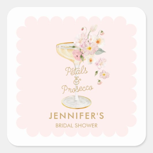 Petals und Prosecco Brautparty Personalisiert Quadratischer Aufkleber (Vorderseite)