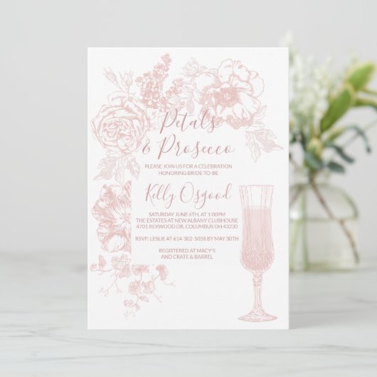 Petals und Prosecco Bridal Dusche Einladung (Stehend Vorderseite)