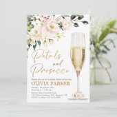 Petals und Prosecco Bridal Dusche Einladung Gold (Stehend Vorderseite)