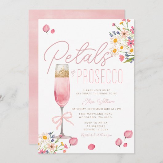 Petals und Prosecco Brunch Brautparty Einladung (Vorne/Hinten)