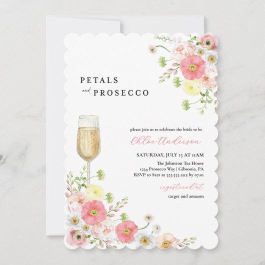 Petals und Prosecco Champagner-Brautparty Einladung (Vorderseite)