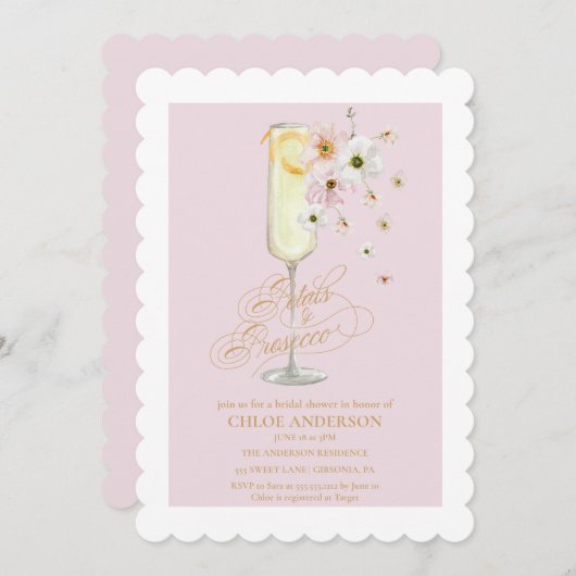 Petals und Prosecco Champagner-Brautparty Einladung (Vorne/Hinten)