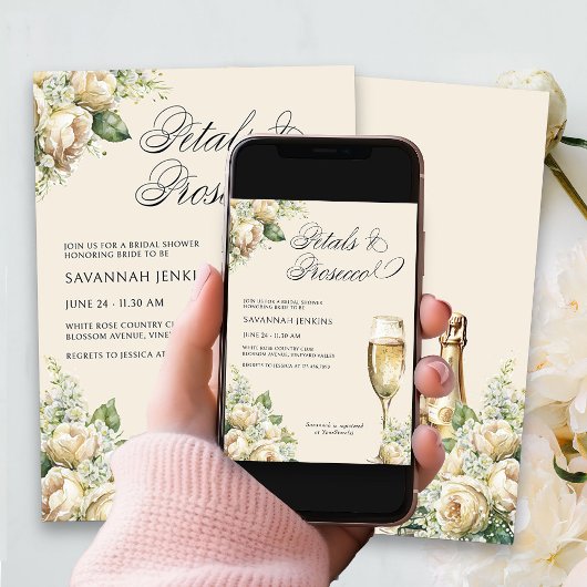 Petals und Prosecco Creme Rose Brautparty Einladung