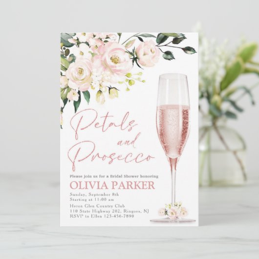 Petals und Prosecco Dusche Einladung Rose Gold (Stehend Vorderseite)