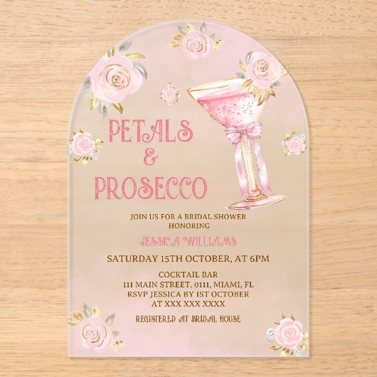 Petals und Prosecco Elegantes Brautparty Acryleinladungen (Vorderseite)