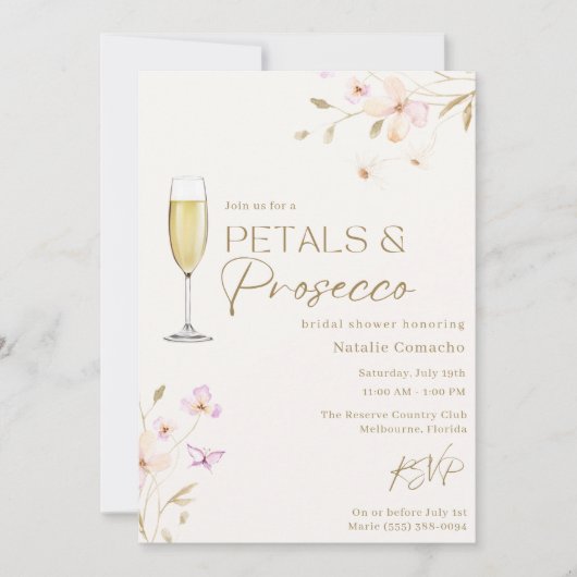 Petals und Prosecco Elegantes Brautparty Party Einladung (Vorderseite)