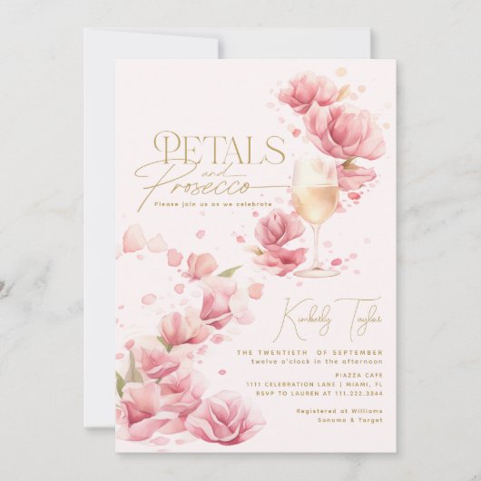 Petals und Prosecco Floral Champagne Brautparty Einladung (Vorderseite)