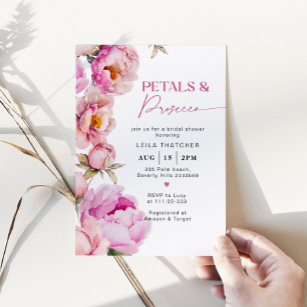 Petals und Prosecco hellrosa Brautparty Einladung